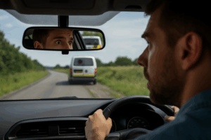 Mand bag rattet, der ser bekymret ud, mens en fotovogn ses i bakspejlet