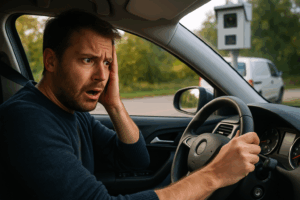 Mand bag rattet, irriteret over at være blevet blitzet af fotovogn – fotovognen ses i baggrunden.