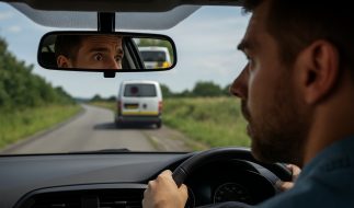 Mand bag rattet, der ser bekymret ud, mens en fotovogn ses i bakspejlet