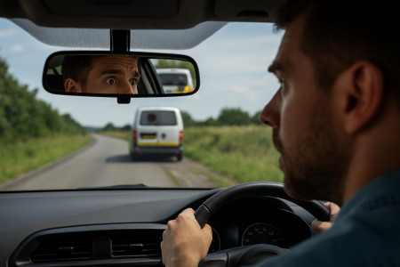 Mand bag rattet, der ser bekymret ud, mens en fotovogn ses i bakspejlet