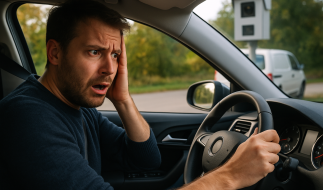 Mand bag rattet, irriteret over at være blevet blitzet af fotovogn – fotovognen ses i baggrunden.